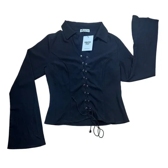 NWT Princess Polly Women’s Black Lace-Up Long Sleeve Top Size 8 - Picture 2 of 6